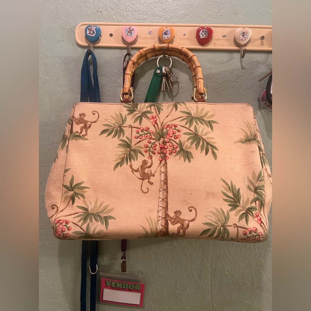 Isabella Fiore Vintage Monkey Beaded/Canvas/Leather Tote Bamboo Handles